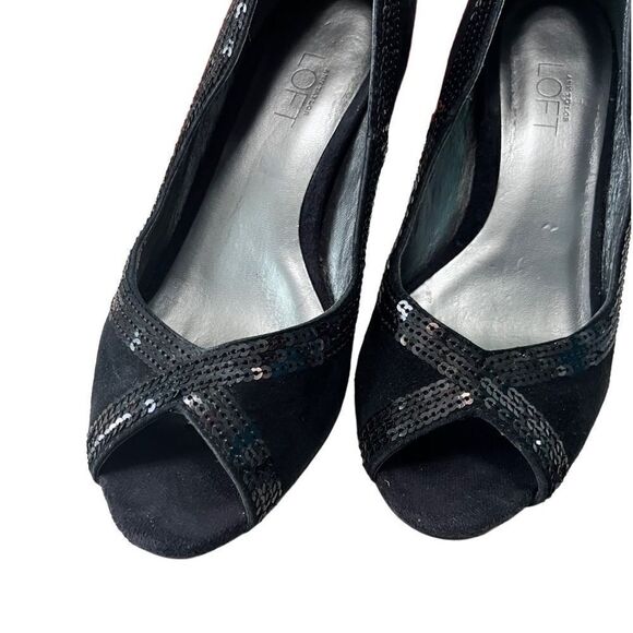 Loft Stacy Suede Open Toe Heels 6.5 Sequin Embellished Black - Picture 2 of 13